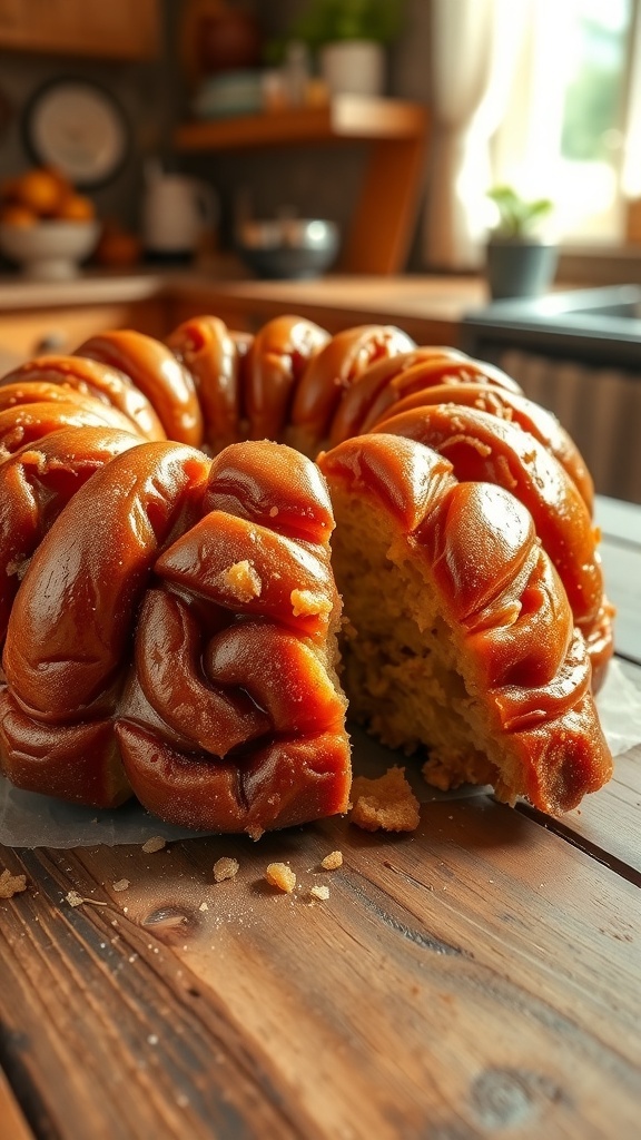 Quick and Easy Monkey Bread Recipe Golden-brown monkey bread on a wooden table, showcasing pull-apart pieces with a sugary glaze.